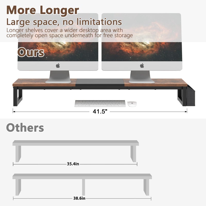 LANDÂ·VOI Dual Monitor Stand Riser,41.5'' Long Monitor Stand for 2 Monitors, Wood Computer Riser with Pocket, Desktop Oraganizer with Pen Holder, Monitor Riser for Desk Computer,Laptop,TV, Rustic Brown - Image 3