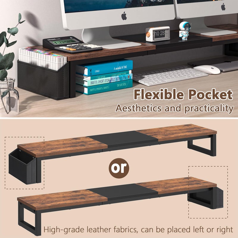 LANDÂ·VOI Dual Monitor Stand Riser,41.5'' Long Monitor Stand for 2 Monitors, Wood Computer Riser with Pocket, Desktop Oraganizer with Pen Holder, Monitor Riser for Desk Computer,Laptop,TV, Rustic Brown - Image 4