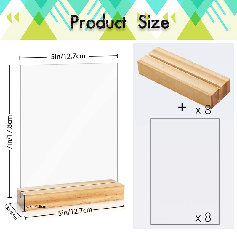 Newbested 8 Pack Blank Clear Acrylic Table Sign with Wooden Stands,5 x 7 Inch Top Menu Table Number Display Picture Stand Acrylic Sign Holder for DIY Name Card Gifts Event Party Sign Decoration - Image 3