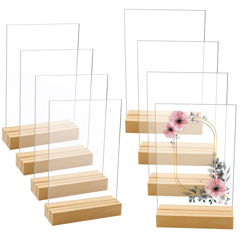 Newbested 8 Pack Blank Clear Acrylic Table Sign with Wooden Stands,5 x 7 Inch Top Menu Table Number Display Picture Stand Acrylic Sign Holder for DIY Name Card Gifts Event Party Sign Decoration - Image 1
