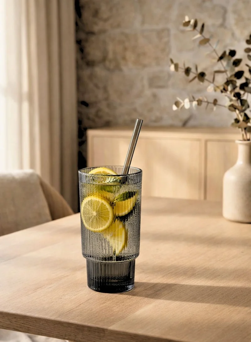 1Chase  Borosilicate Glass Tumbler Set 450ml – Smoky Grey Ribbed Drinking Glasses with Reusable Glass Straws & Cleaning Brushes, Heat Resistant, BPA-Free, Set of 4  | Best Price UAE