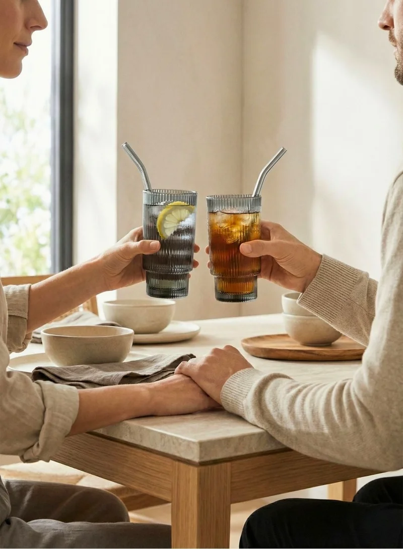 1Chase  Borosilicate Glass Tumbler Set 450ml – Smoky Grey Ribbed Drinking Glasses with Reusable Glass Straws & Cleaning Brushes, Heat Resistant, BPA-Free, Set of 4  | Best Price UAE