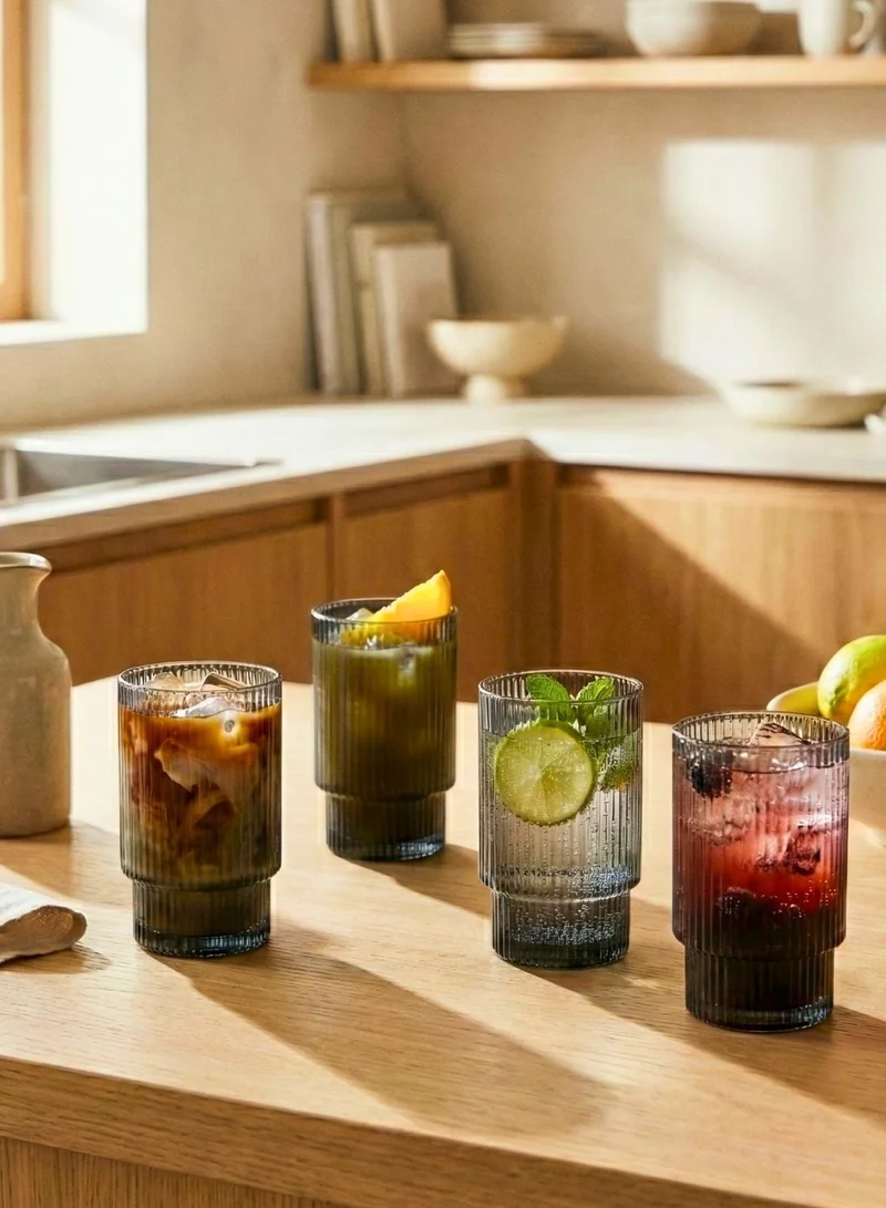 1Chase  Borosilicate Glass Tumbler Set 450ml – Smoky Grey Ribbed Drinking Glasses with Reusable Glass Straws & Cleaning Brushes, Heat Resistant, BPA-Free, Set of 4  | Best Price UAE