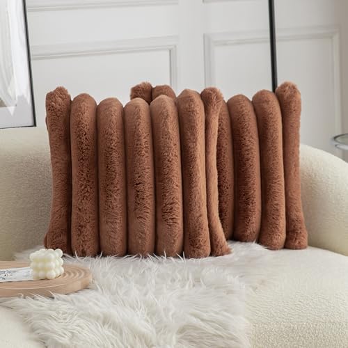 Neelvin Brown Faux Fur Cozy Soft Stripe Decorative Throw Pillow Covers 18x18 inch Set of 2Velvet Pillowcase Cushion Case for Sofa Couch - Image 1