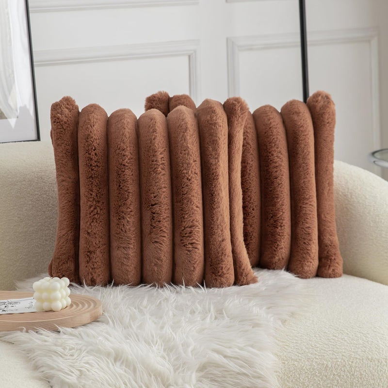 Neelvin Brown Faux Fur Cozy Soft Stripe Decorative Throw Pillow Covers 18x18 inch Set of 2Velvet Pillowcase Cushion Case for Sofa Couch - Image 2