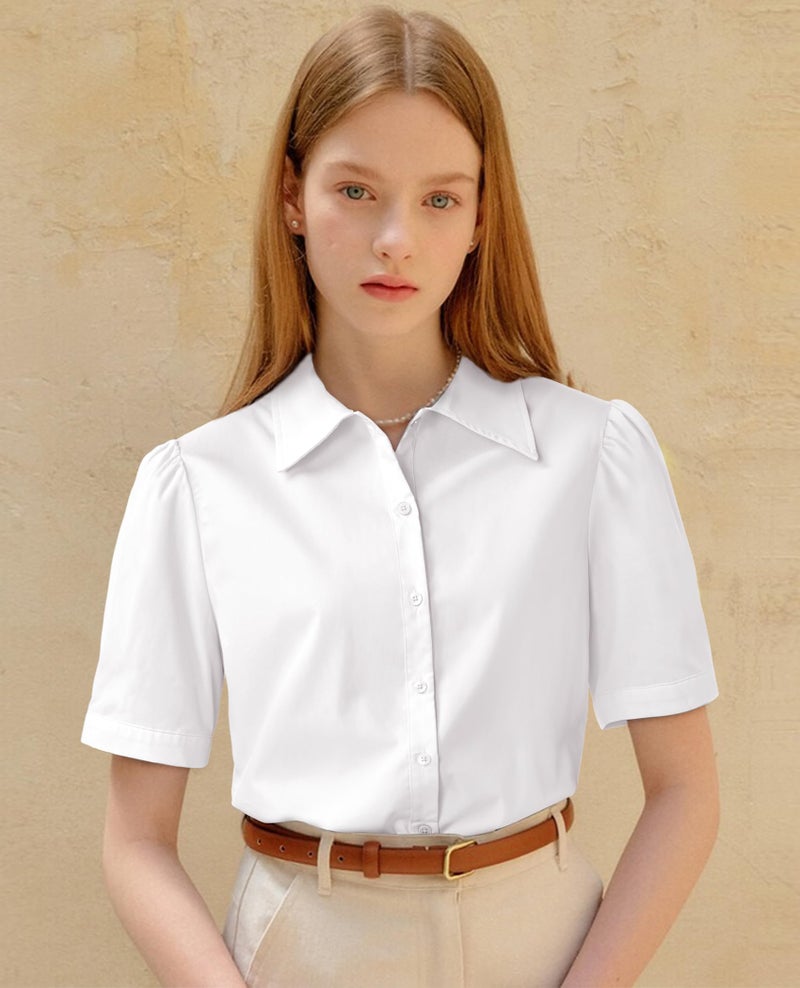 Gleeivy Button Down Shirts for Women Button Up Dress Shirts Puff Short Sleeve Collared Fitted Blouse Work Business Top White S - Image 4