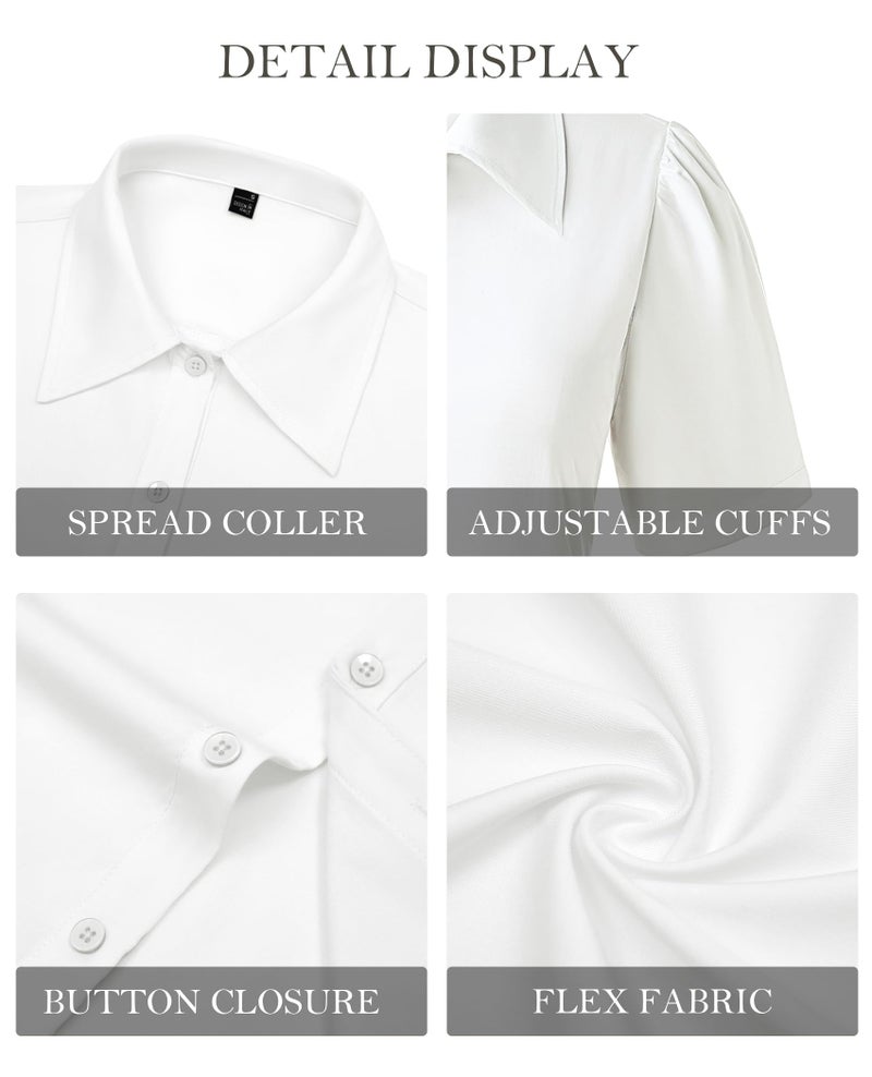 Gleeivy Button Down Shirts for Women Button Up Dress Shirts Puff Short Sleeve Collared Fitted Blouse Work Business Top White S - Image 5