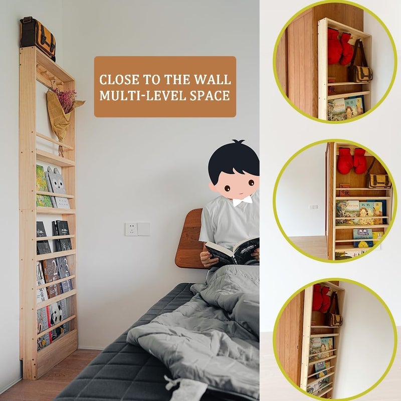 Morimoe Wooden Slim Shelf with Hooks, Wall Mount, Organizer for Toys and Books, Behind-The-Door, Space-Saving (H: 185cm) - Image 4