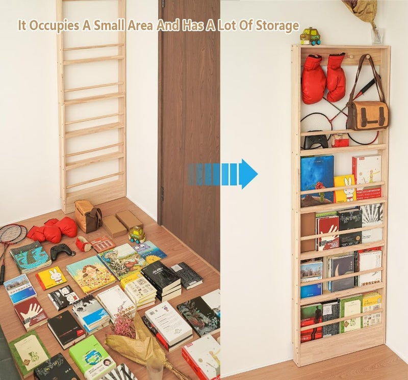 Morimoe Wooden Slim Shelf with Hooks, Wall Mount, Organizer for Toys and Books, Behind-The-Door, Space-Saving (H: 185cm) - Image 3