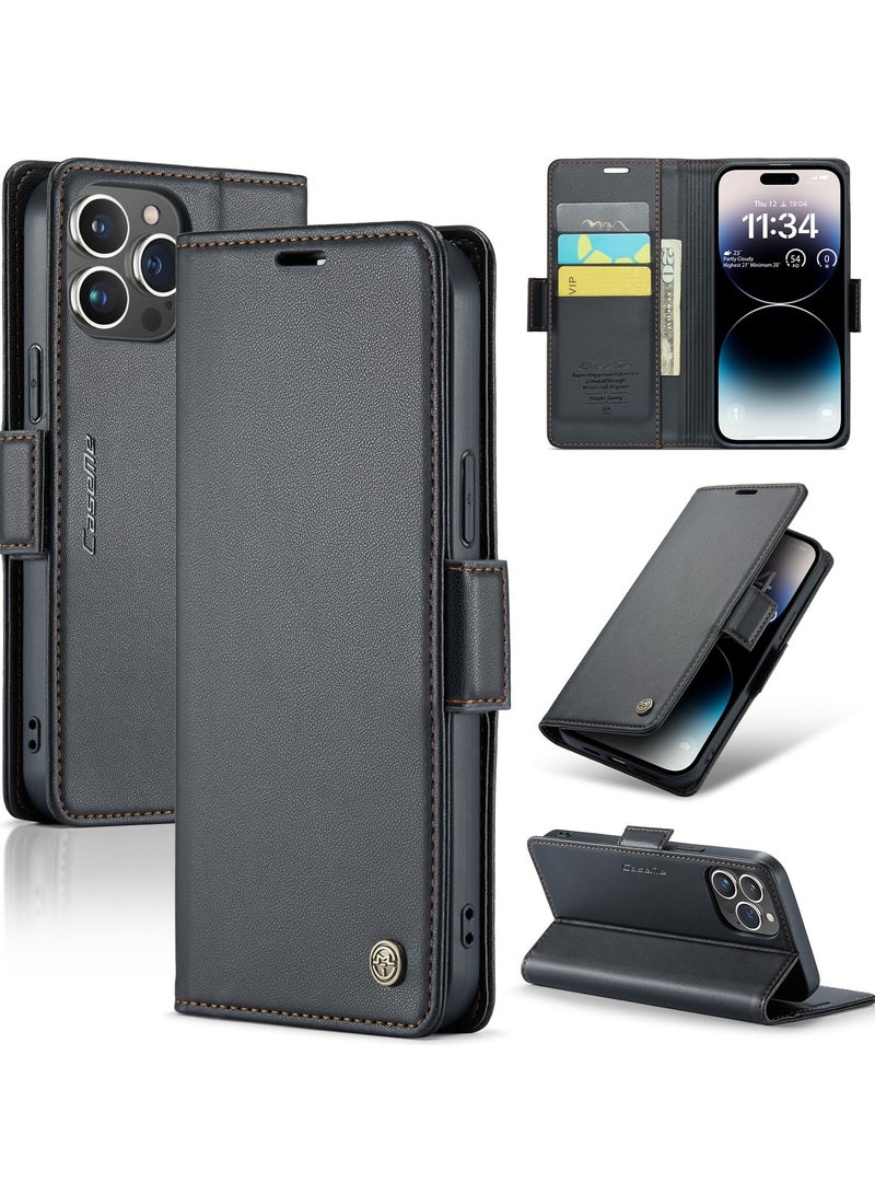 CaseMe Phone Case Luxury PU Leather Design Anti Fingerprint 023 Flip Cover Card Slot Holder Cover For Iphone 14 Pro Max (Black) - Image 1
