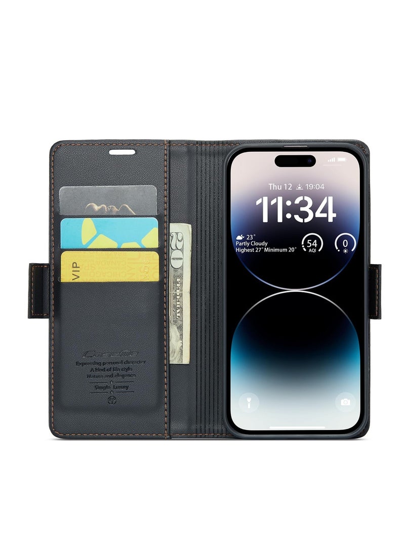 CaseMe Phone Case Luxury PU Leather Design Anti Fingerprint 023 Flip Cover Card Slot Holder Cover For Iphone 14 Pro Max (Black) - Image 4