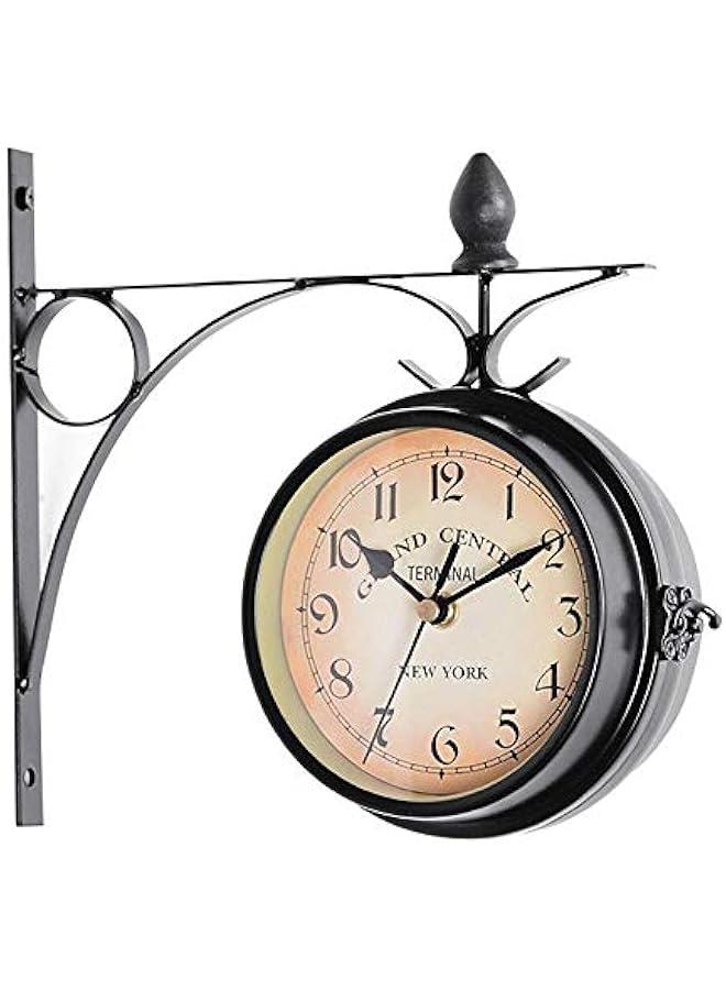 Generic Garden Clocks Outdoor Waterproof, Wrought Iron Vintage Decorative Double-Sided Outdoor Clocks for The Garden Wall Mounted Battery Powered Metal Hanger Outside Clock Coffee Bar Round Station A  - Image 1
