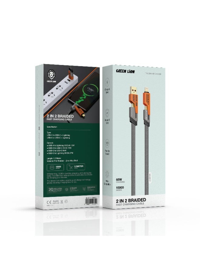GREEN LION 2 in 2 Braided Cable C to C+L and A to C+L 1.2m 65W / Wide Compatibility / Charge & Sync / Secure & Safe / Fast Charging Cable / High-Speed/ Tangle-Free Wire - Orange - Image 3