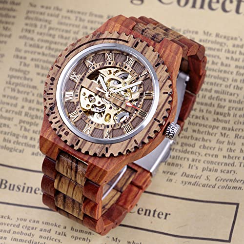 Dentily Creative Men's Wooden Watch Skeleton Automatic Movement Watch Self-Winding Watches for Men - Image 2