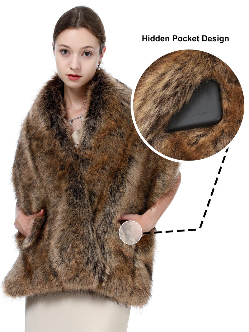 LA CARRIE Women Wedding Faux Fur Long Shawl Bridal Cape Party Stole Winter Scarf Soft Cover Up Shrug Gown Wrap(Raccoon) - Image 2