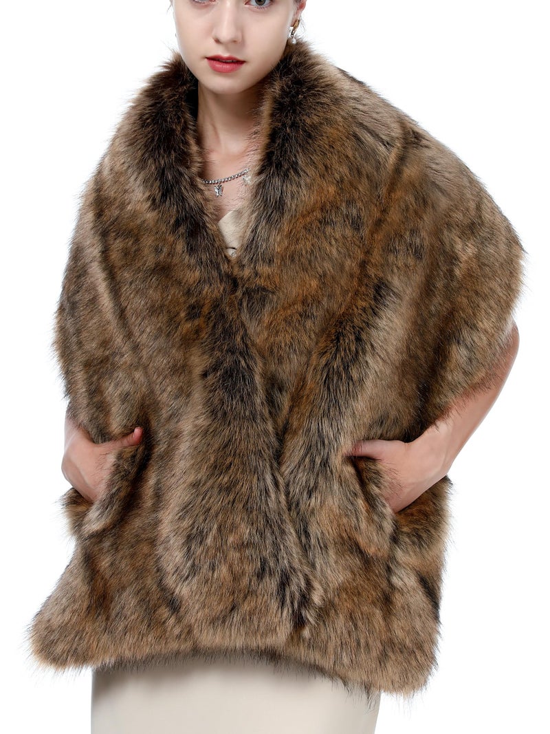 LA CARRIE Women Wedding Faux Fur Long Shawl Bridal Cape Party Stole Winter Scarf Soft Cover Up Shrug Gown Wrap(Raccoon) - Image 1