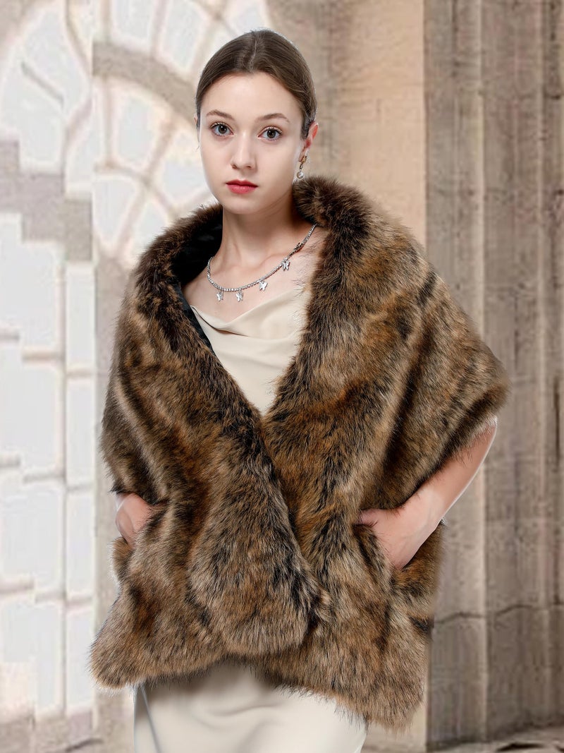 LA CARRIE Women Wedding Faux Fur Long Shawl Bridal Cape Party Stole Winter Scarf Soft Cover Up Shrug Gown Wrap(Raccoon) - Image 5