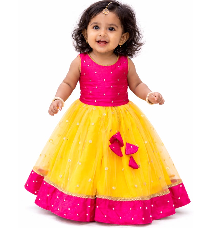 Stanwells Kids Baby Girls Yellow & Pink Combo South Indian Mirror Work Embroidery Flared Net Lehenga Choli Set | Readymade Traditional Pattupavadai (2–3Years) - Image 5