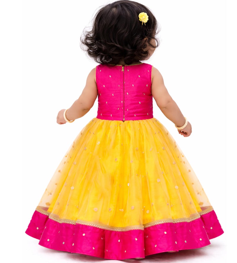 Stanwells Kids Baby Girls Yellow & Pink Combo South Indian Mirror Work Embroidery Flared Net Lehenga Choli Set | Readymade Traditional Pattupavadai (2–3Years) - Image 2