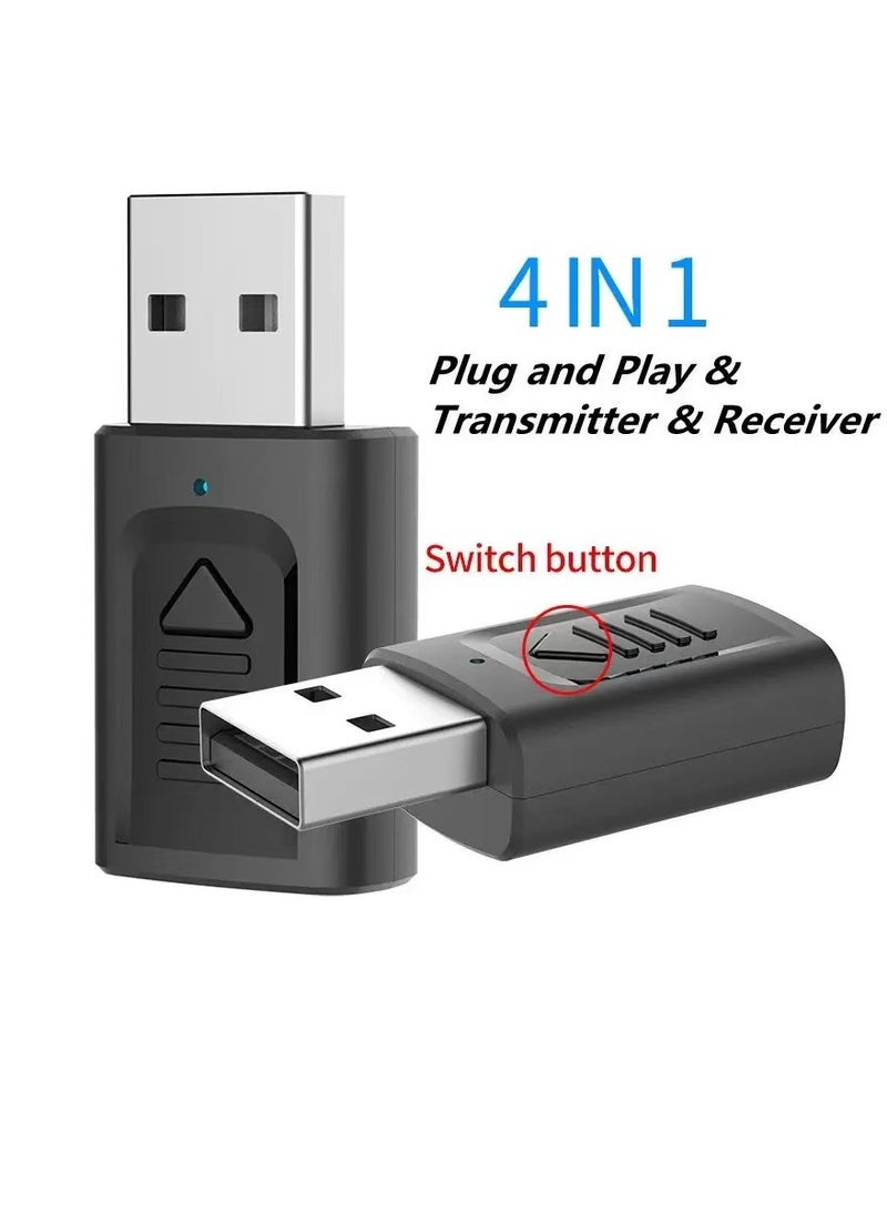 جهاز إرسال بلوتوث USB 4 في 1 5.3 للسيارات ومستقبل بلوتوث 3.5 AUX وجهاز إرسال صوت للكمبيوتر والتلفزيون (لون أسود)  - Image 1