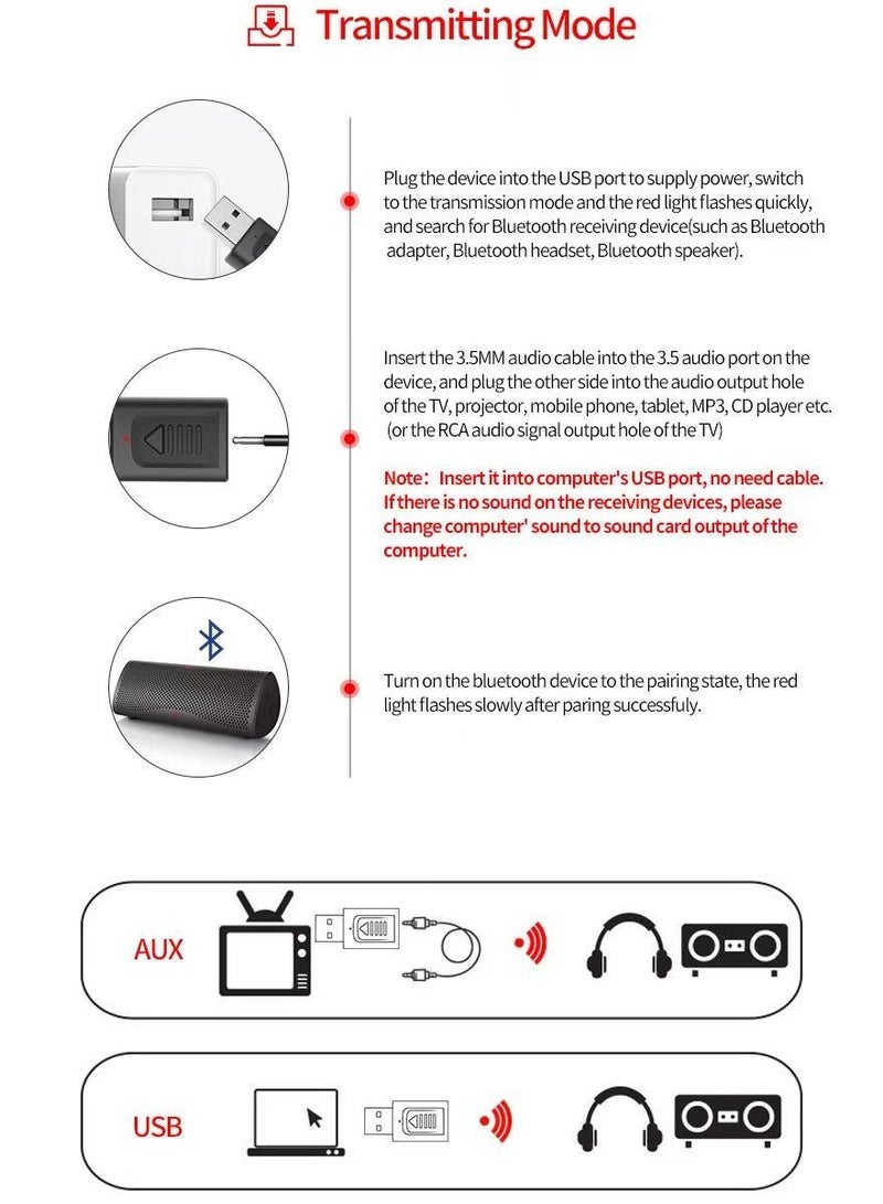جهاز إرسال بلوتوث USB 4 في 1 5.3 للسيارات ومستقبل بلوتوث 3.5 AUX وجهاز إرسال صوت للكمبيوتر والتلفزيون (لون أسود)  - Image 5