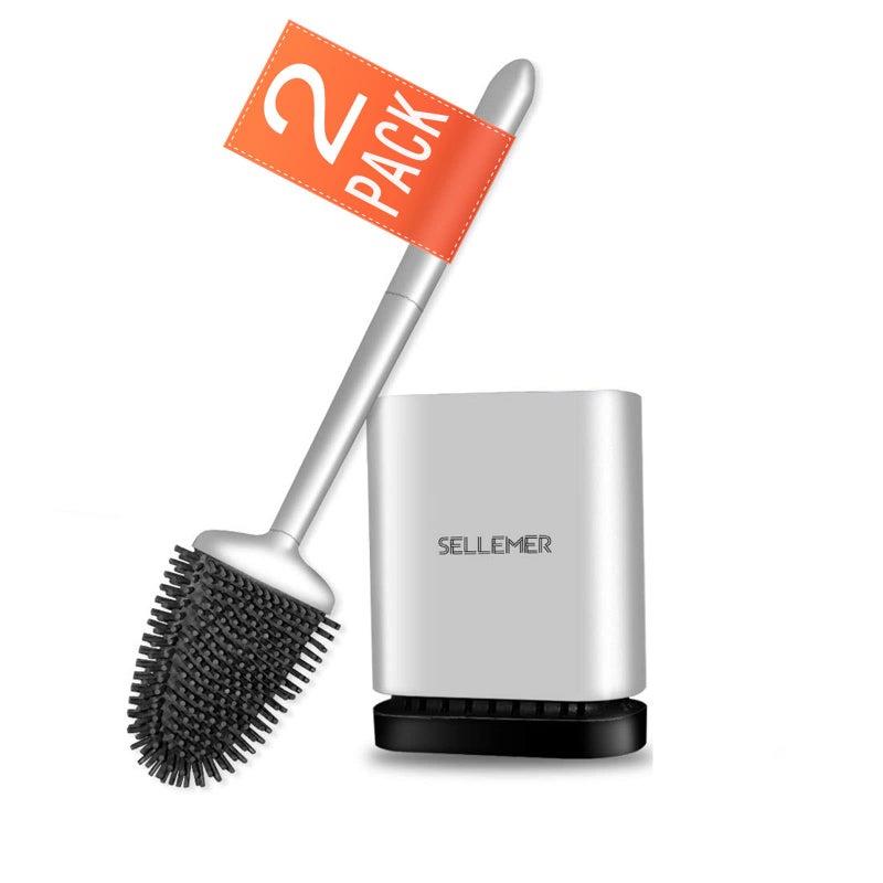 مجموعة فرشاة مرحاض وسلة Sellemer للحمام رأس فرشاة مرحاض مرن مع شعيرات سيليكون حجم مدمج للتخزين والتنظيم قاعدة فتحات تهوية 2 عبوة فضية