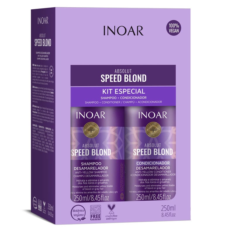Inoar Absolut Speed Blond Shampoo Conditioner Kit with Argan Oil for Blonde Silver Gray Hair with Tone Neutralization Hydration 845 floz