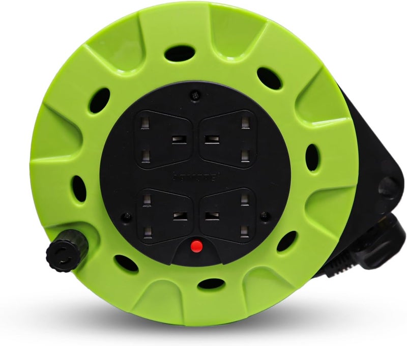 ADMORE England 5m Power Extension Reel With 4 Socket Retractable Strip | Green & Black Round Extension Cord | 1.25mm 99.9% Pure Copper Cable - Image 1