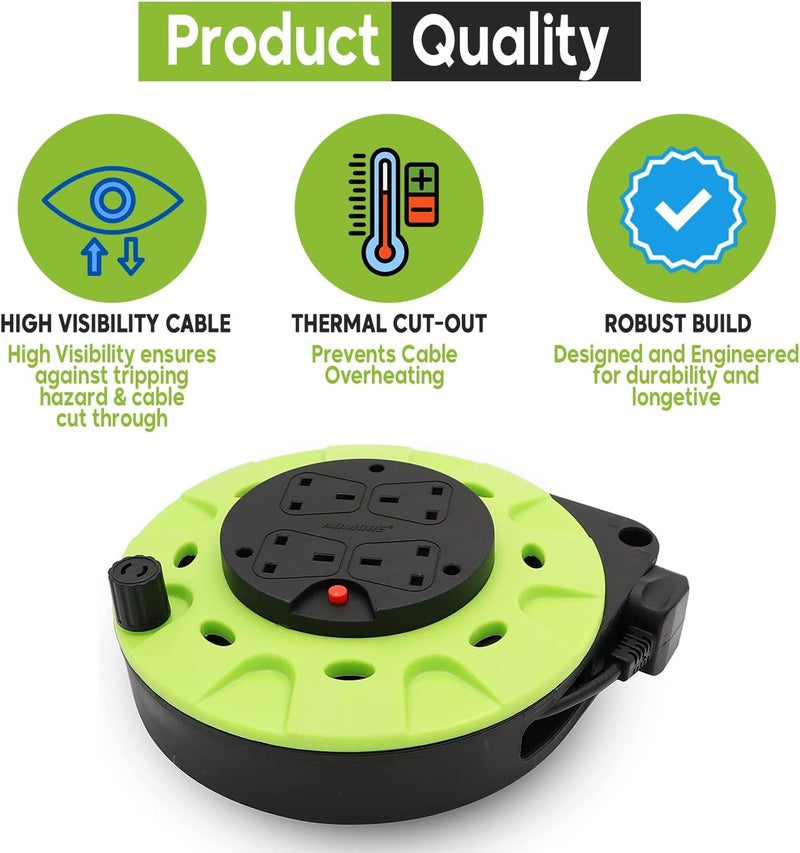 ADMORE England 5m Power Extension Reel With 4 Socket Retractable Strip | Green & Black Round Extension Cord | 1.25mm 99.9% Pure Copper Cable - Image 4
