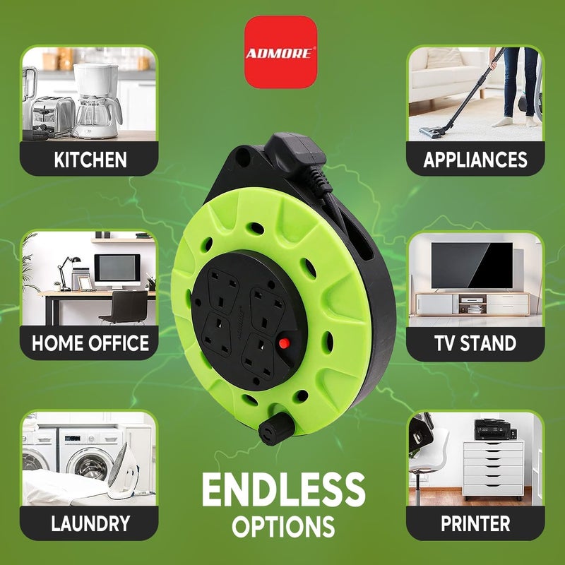 ADMORE England 5m Power Extension Reel With 4 Socket Retractable Strip | Green & Black Round Extension Cord | 1.25mm 99.9% Pure Copper Cable - Image 5