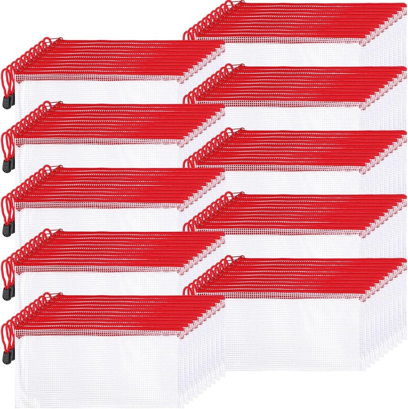 Sherr 120 Pcs Mesh Zipper Pouch Bulk Pencil Pouches 9.45'' x 4.53'' Small Clear Mesh Bags with Zipper A6 Waterproof File Bag Pencil Case for School Office Travel Organization(Red) - Image 1