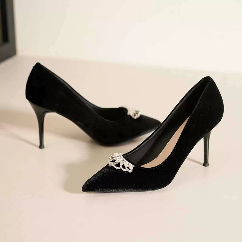 Pumps Pointed Toe Stiletto Velvet Casual Burgundy Women's Shoes - Image 2
