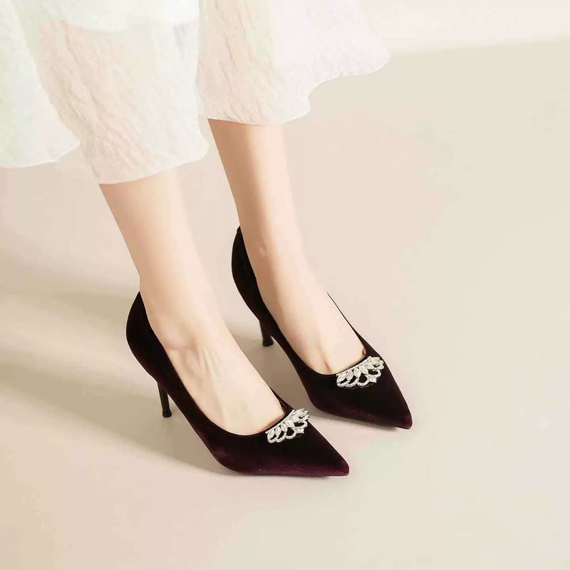 Pumps Pointed Toe Stiletto Velvet Casual Burgundy Women's Shoes - Image 4
