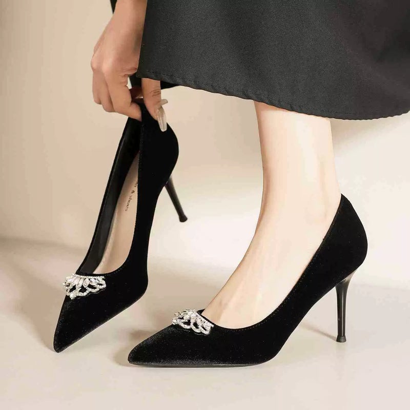 Pumps Pointed Toe Stiletto Velvet Casual Burgundy Women's Shoes - Image 3