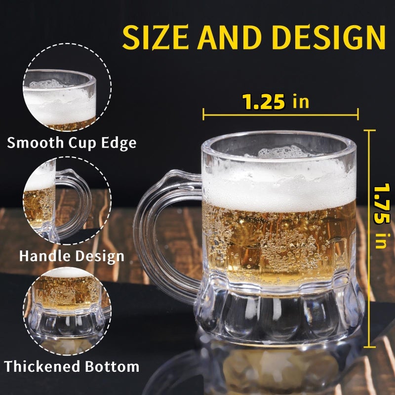YAXINRUI YAXINRUI Mini Beer Mug Shot Glasses, 1 oz Beer Shot Glasses Plastic Beer Mug Shot Beer Tasting Glasses for Beer Fest, Birthday Weddings Party Supplies, BBQ and Picnics (1.75'' Tall, 12 Pieces)  - Image 2