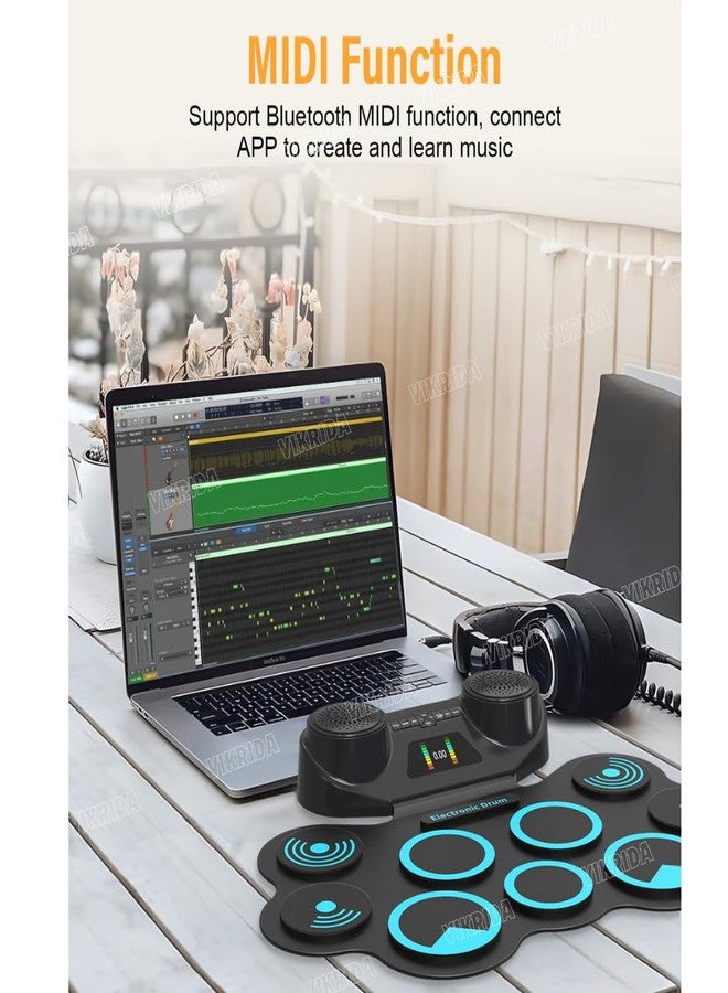 فيكريدا مجموعة وسادات الطبول الإلكترونية من فيكريدا | طقم طبول رقمي قابل للطي واللف مع دعم بلوتوث MIDI، ومكبرات صوت ستيريو مدمجة، وعصي طبول - Image 4