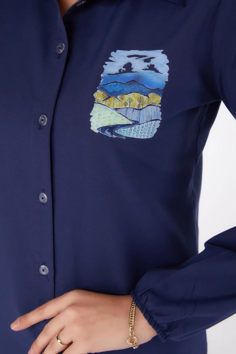 Tofisa Plain Shirt Collar Women's Navy Blue Printed Shirt - 13340