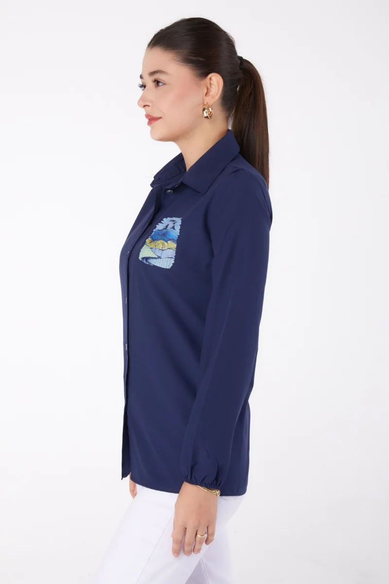 Tofisa Plain Shirt Collar Women's Navy Blue Printed Shirt - 13340