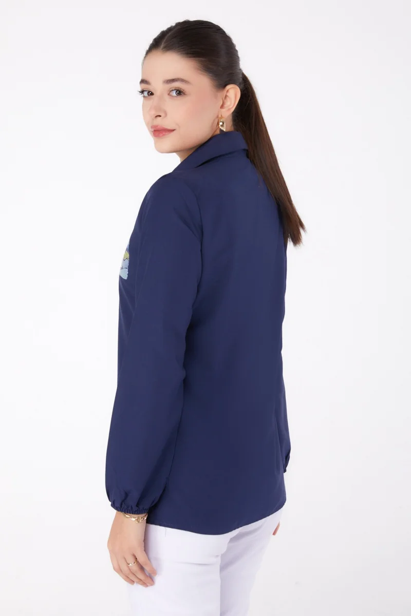 Tofisa Plain Shirt Collar Women's Navy Blue Printed Shirt - 13340