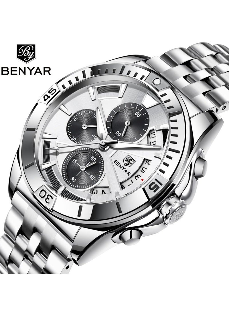 BENYAR Watches for Men Watch Quartz Luxury Stainless Steel  Water Resistant Chronograph Watch 5180 Black - Image 2