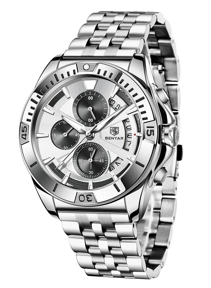 BENYAR Watches for Men Watch Quartz Luxury Stainless Steel  Water Resistant Chronograph Watch 5180 Black - Image 1