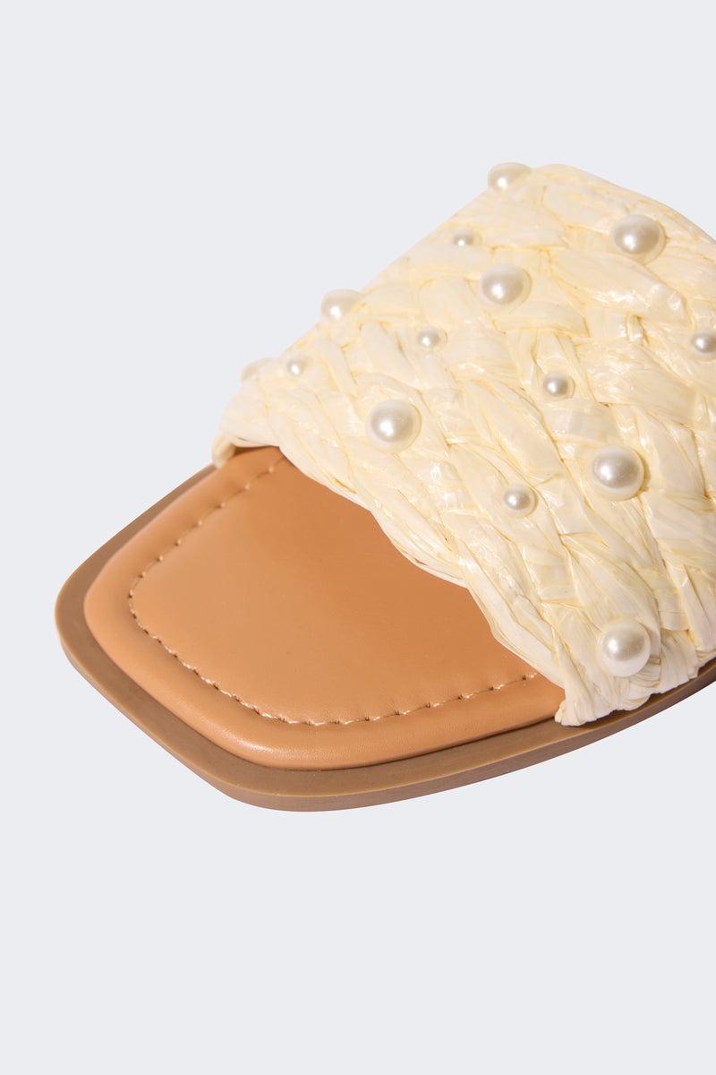 DeFacto Beige Woman Woman Pearl Detailed Single Band Flat Sole Slippers Casual - Image 5