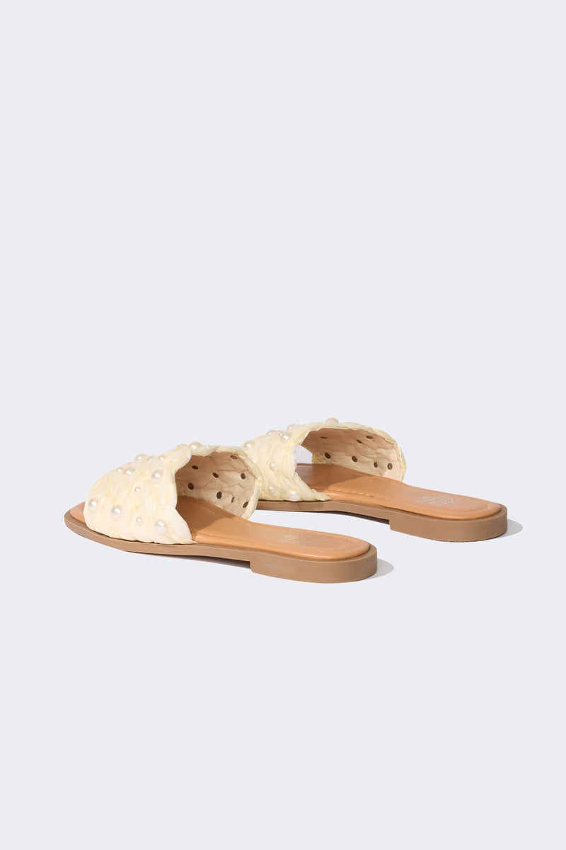 DeFacto Beige Woman Woman Pearl Detailed Single Band Flat Sole Slippers Casual - Image 3