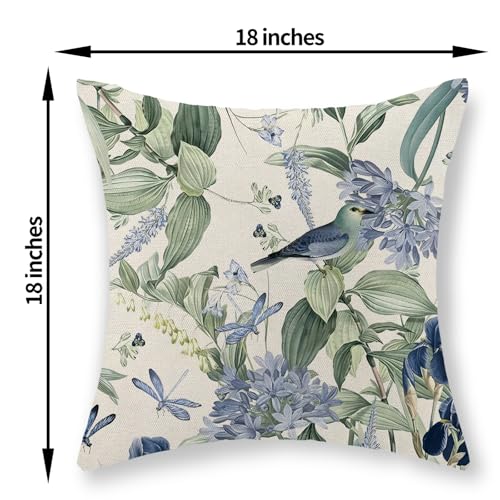 JEFERSO Chinoiserie Pillow Covers 18x18 Set of 2 Blue Green Floral Bird Pillow Cases Vintage Flower Seasonal Outdoor Throw Pillows Linen Farmhouse Chinoiserie Decorative Cushion Case for Couch Sofa - Image 2