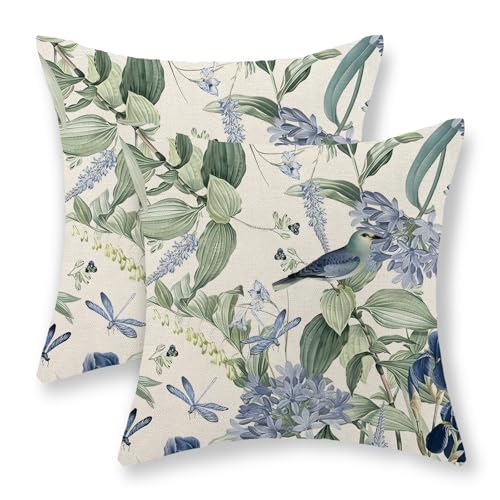 JEFERSO Chinoiserie Pillow Covers 18x18 Set of 2 Blue Green Floral Bird Pillow Cases Vintage Flower Seasonal Outdoor Throw Pillows Linen Farmhouse Chinoiserie Decorative Cushion Case for Couch Sofa - Image 1