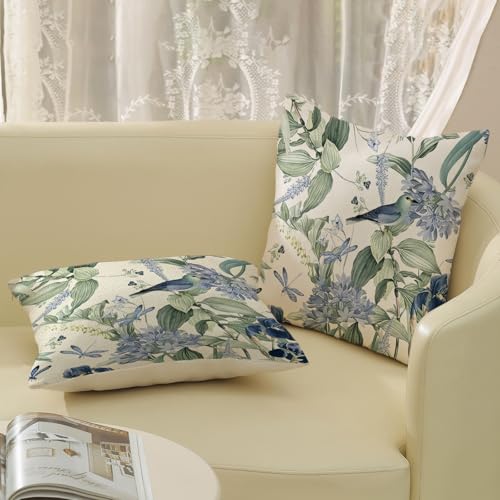 JEFERSO Chinoiserie Pillow Covers 18x18 Set of 2 Blue Green Floral Bird Pillow Cases Vintage Flower Seasonal Outdoor Throw Pillows Linen Farmhouse Chinoiserie Decorative Cushion Case for Couch Sofa - Image 5