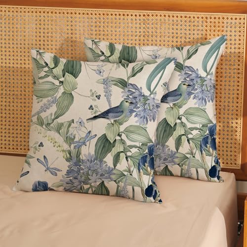 JEFERSO Chinoiserie Pillow Covers 18x18 Set of 2 Blue Green Floral Bird Pillow Cases Vintage Flower Seasonal Outdoor Throw Pillows Linen Farmhouse Chinoiserie Decorative Cushion Case for Couch Sofa - Image 3