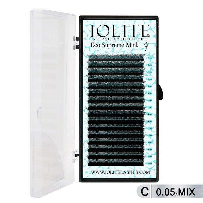 Iolite Eco Supreme Mink (Y) C curl - 0.5T Mix & 8mm to 15mm Individual Lash Extension Tray – Natural-Looking Volume False Lashes | C Curl, Y Lashes, Easy Fan, Professional Eyelash Extensions for Lash Artists ISMYC5T