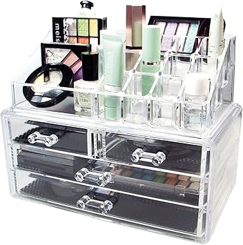 Taylor & Brown Taylor Brown Clear Acrylic Makeup Organiser Storage Stand for Cosmetics Nail Polish Varnish Stationary Arts and Crafts Makeup Brush Set Holder Jewellery 20 Sections with 4 Drawers - Image 1