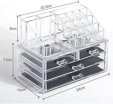 Taylor & Brown Taylor Brown Clear Acrylic Makeup Organiser Storage Stand for Cosmetics Nail Polish Varnish Stationary Arts and Crafts Makeup Brush Set Holder Jewellery 20 Sections with 4 Drawers - Image 3